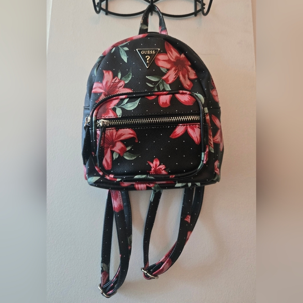 GUESS Black and Red Floral Backpack NWOT